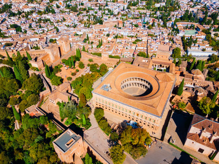 The Alhambra aerial panoramic view. The Alhambra is a fortress complex located in Granada city, Andalusia region in Spain.のeditorial素材