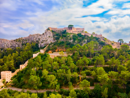 Xativa Castle aerial panoramic view. Castillo de Jativa is a castle located in the city of Xativa near Valencia in Spain.のeditorial素材