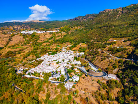 Pampaneira village aerial panoramic view. Pampaneira is a village in the Alpujarras area in the province of Granada in Andalusia, Spain.のeditorial素材
