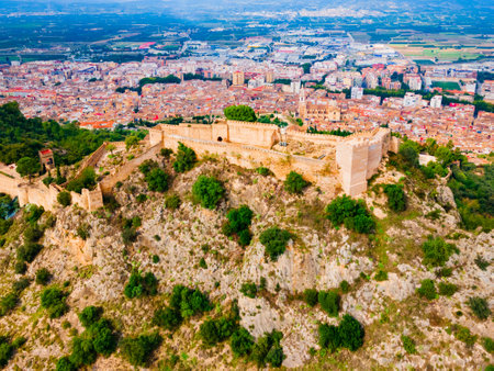 Xativa Castle aerial panoramic view. Castillo de Jativa is a castle located in the city of Xativa near Valencia in Spain.のeditorial素材