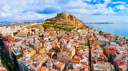 Santa Barbara Castle aerial panoramic view. Santa Barbara Castle is a fort stands on Mount Benacantil in the center of Alicante, Spain.のeditorial素材