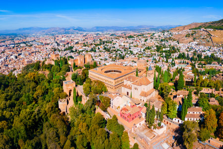 The Alhambra aerial panoramic view. The Alhambra is a fortress complex located in Granada city, Andalusia region in Spain.のeditorial素材