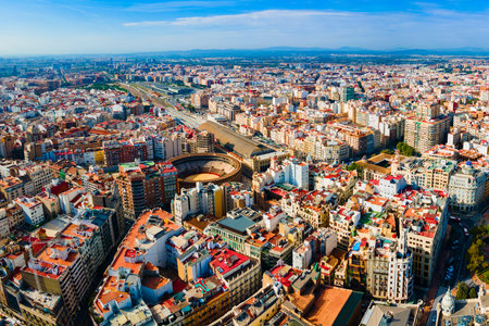 Valencia city aerial panoramic view. Valencia is the third most populated municipality in Spain.のeditorial素材