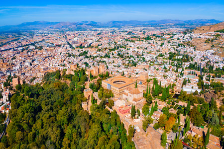The Alhambra aerial panoramic view. The Alhambra is a fortress complex located in Granada city, Andalusia region in Spain.のeditorial素材