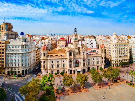 Valencia City Hall at the Plaza del Ajuntament square aerial panoramic view. Valencia is the third most populated municipality in Spain.のeditorial素材