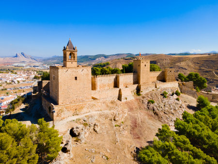 Alcazaba of Antequera aerial panoramic view. The Alcazaba of Antequera is a Moorish fortress in Antequera city in the province of Malaga, the community of Andalusia in Spain.のeditorial素材