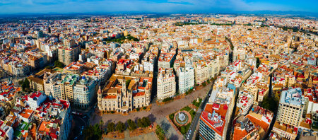 Valencia City Hall at the Plaza del Ajuntament square aerial panoramic view. Valencia is the third most populated municipality in Spain.のeditorial素材