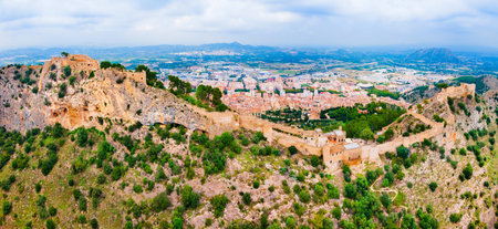 Xativa Castle aerial panoramic view. Castillo de Jativa is a castle located in the city of Xativa near Valencia in Spain.のeditorial素材