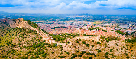 Xativa Castle aerial panoramic view. Castillo de Jativa is a castle located in the city of Xativa near Valencia in Spain.のeditorial素材