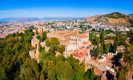 The Alhambra aerial panoramic view. The Alhambra is a fortress complex located in Granada city, Andalusia region in Spain.のeditorial素材