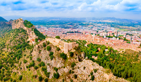 Xativa Castle aerial panoramic view. Castillo de Jativa is a castle located in the city of Xativa near Valencia in Spain.のeditorial素材