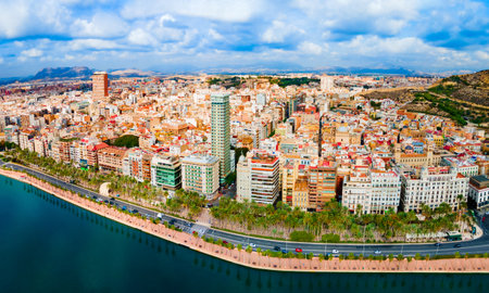 Alicante city centre aerial panoramic view. Alicante is a city in the Valencia region, Spain.のeditorial素材