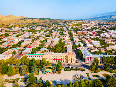 Stalin Avenue aerial panoramic view in Gori, Georgia. Gori is a city in eastern Georgia, which serves as the regional capital of Shida Kartli.のeditorial素材