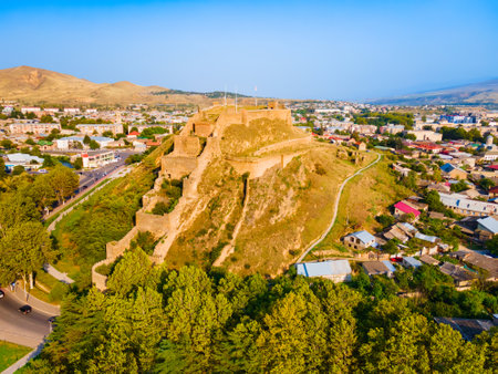 Gori Fortress or Goris Tsikhe aerial panoramic view, Georgia. It is a medieval citadel in Georgia, situated above the city of Gori on a rocky hill.のeditorial素材