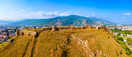 Gori Fortress or Goris Tsikhe aerial panoramic view, Georgia. It is a medieval citadel in Georgia, situated above the city of Gori on a rocky hill.のeditorial素材