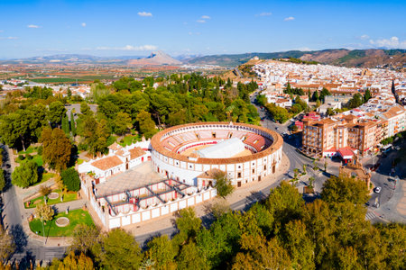 Bullring or plaza de toros building aerial panoramic view in Antequera. Antequera is a city in the province of Malaga, the community of Andalusia in Spain.のeditorial素材
