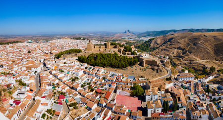 Alcazaba of Antequera aerial panoramic view. The Alcazaba of Antequera is a Moorish fortress in Antequera city in the province of Malaga, the community of Andalusia in Spain.のeditorial素材