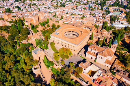 The Alhambra aerial panoramic view. The Alhambra is a fortress complex located in Granada city, Andalusia region in Spain.のeditorial素材