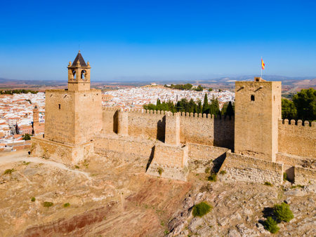 Alcazaba of Antequera aerial panoramic view. The Alcazaba of Antequera is a Moorish fortress in Antequera city in the province of Malaga, the community of Andalusia in Spain.のeditorial素材