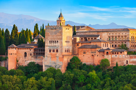 The Alhambra aerial panoramic view. The Alhambra is a fortress complex located in Granada city, Andalusia region in Spain.のeditorial素材
