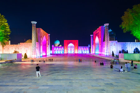 Registan night laser show. Registan is an ancient city in Samarkand city in Uzbekistan.のeditorial素材