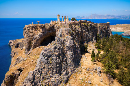 Saint Paul's Beach and Lindos Acropolis aerial panoramic view in Rhodes island in Greeceのeditorial素材