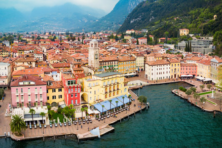 Riva del Garda aerial panoramic view. Riva is a town at the northern tip of the Lake Garda in the Trentino Alto Adige region in Italy.のeditorial素材