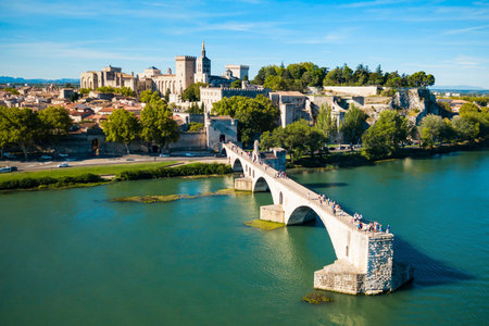 Pont Saint Benezet bridge and Rhone river aerial panoramic view in Avignon. Avignon is a city on the Rhone river in southern France.のeditorial素材