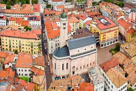 Trento Cathedral or Duomo di Trento aerial panoramic view. Duomo is a roman Catholic cathedral in Trento city in Trentino Alto Adige in Italy.のeditorial素材