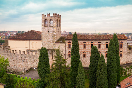 Desenzano Castle aerial panoramic view in Desenzano town on the shore of Lake Garda in Italyのeditorial素材