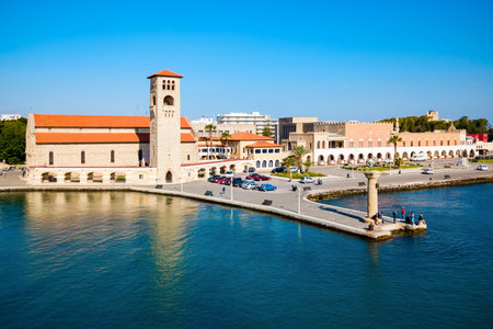 Colossus of Rhodes and Evangelismos Church or Ekklisia Evaggelismos aerial panoramic view in Rhodes island in Greeceのeditorial素材
