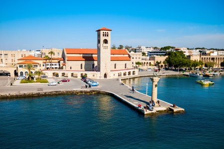 Colossus of Rhodes and Evangelismos Church or Ekklisia Evaggelismos aerial panoramic view in Rhodes island in Greeceのeditorial素材