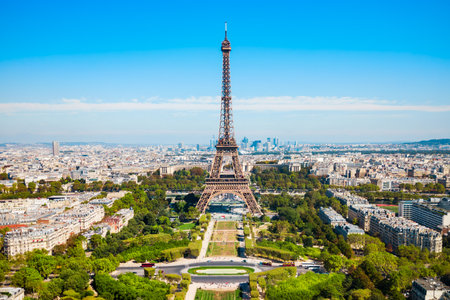 Eiffel Tower or Tour Eiffel aerial view, is a wrought iron lattice tower on the Champ de Mars in Paris, Franceのeditorial素材