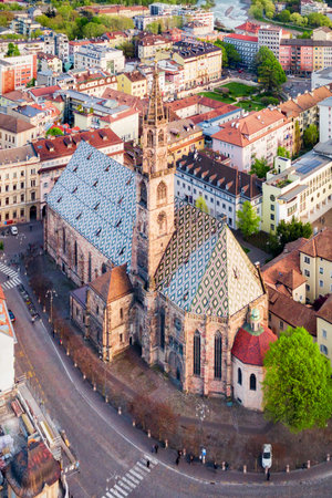 Bolzano Cathedral or Duomo di Bolzano aerial panoramic view, located in Bolzano city in South Tyrol, Italyのeditorial素材