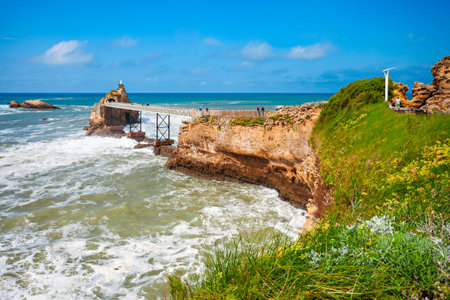The rock of the Virgin or Le rocher de la Vierge is a tourist natural landmark in Biarritz city in Franceのeditorial素材