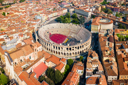 Verona Arena aerial panoramic view. Arena is a Roman amphitheatre in Piazza Bra square in Verona, Italyのeditorial素材