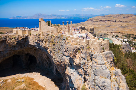 Saint Paul's Beach and Lindos Acropolis aerial panoramic view in Rhodes island in Greeceのeditorial素材