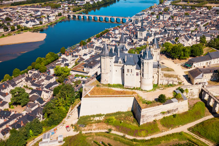 Chateau de Saumur castle aerial panoramic view in Saumur city, Loire valler in Franceのeditorial素材