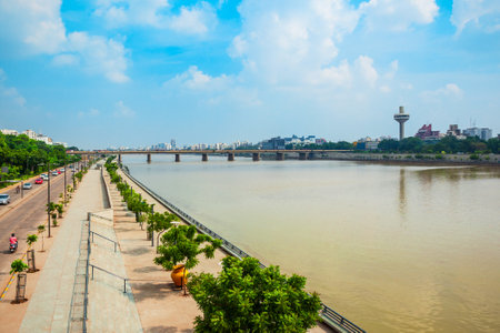 Sabarmati riverfront aerial view in the city of Ahmedabad, Gujarat state of Indiaのeditorial素材