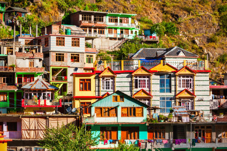 Colorful local houses in Manikaran village in Parvati valley, Himachal Pradesh state in Indiaのeditorial素材