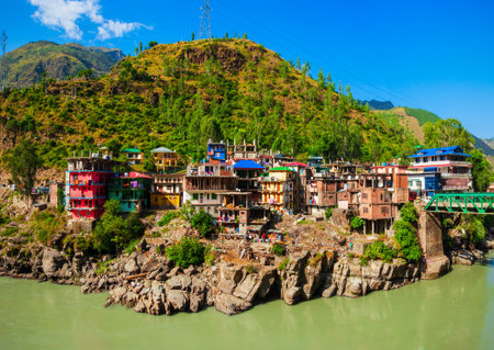 Sutlej river in Luhri village and Himalaya mountains, Himachal Pradesh state in Indiaのeditorial素材