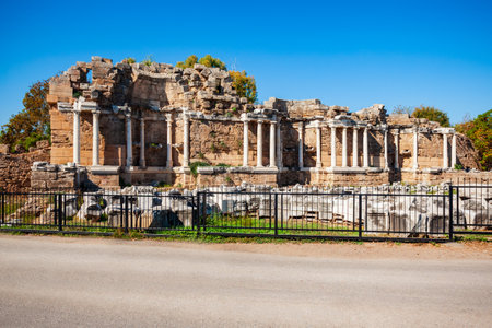 Side Nymphaeum in the ancient city of Side in Antalya region on the Mediterranean coast of Turkey.のeditorial素材