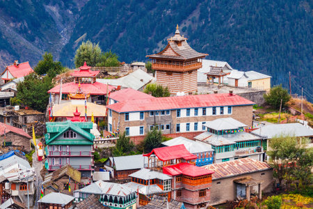 Maa Chandika Devi Ji Kila Temple aerial panoramic view in Kalpa. Kalpa is a town in the Sutlej river valley, Himachal Pradesh in Indiaのeditorial素材