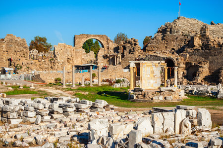 Side Tyche Temple at the ancient city of Side in Antalya region on the Mediterranean coast of Turkey.のeditorial素材