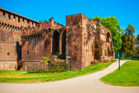 Sforza Castle or Castello Sforzesco is located in Milan city in northern Italy.のeditorial素材
