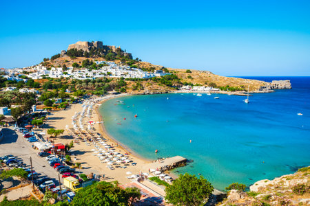Lindos Acropolis and beach aerial panoramic view in Rhodes island, Greeceのeditorial素材