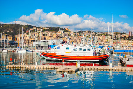 Genoa port with boats and yachs. Genoa or Genova is the capital of Liguria region in Italy.のeditorial素材