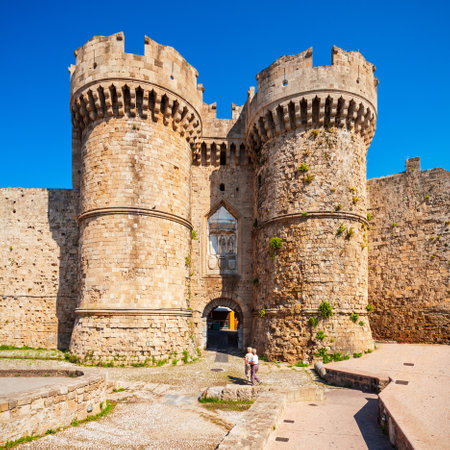 Rhodes old town entrance gate tower in Rhodes island in Greeceのeditorial素材