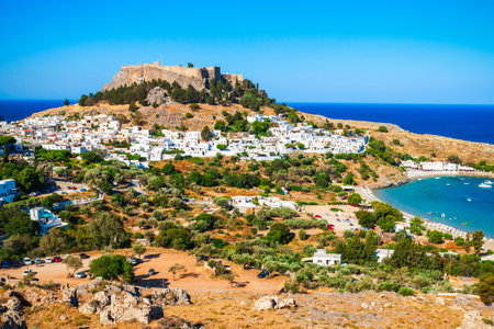Lindos Acropolis and beach aerial panoramic view in Rhodes island, Greeceのeditorial素材