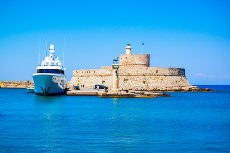 Saint Nicholas Fort and Colossus of Rhodes in Rhodes island in Greeceのeditorial素材